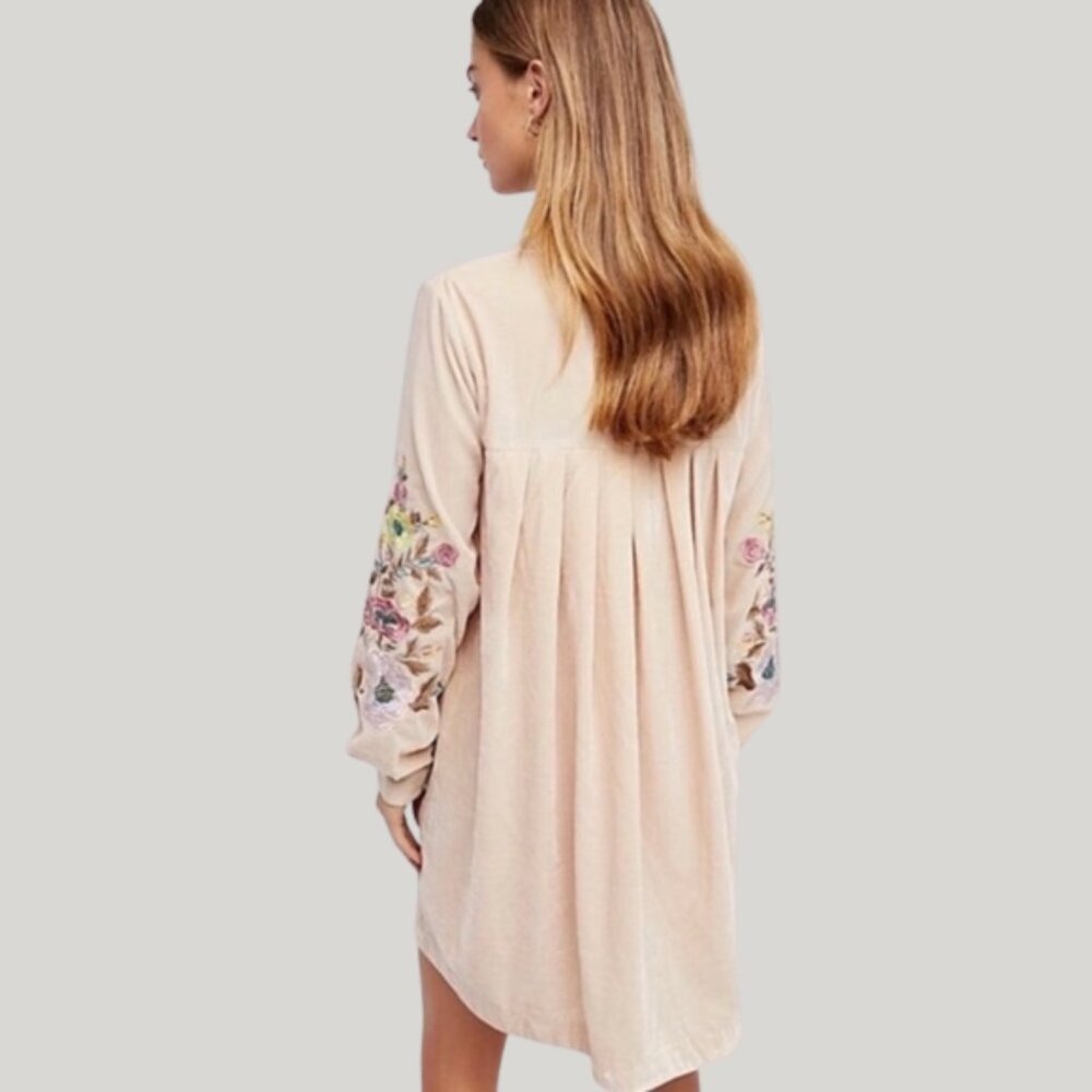 Free People Mia Embroidered Velvet Mini Dress in Beige — Size XS (Oversized Fit) - Picture 2 of 8